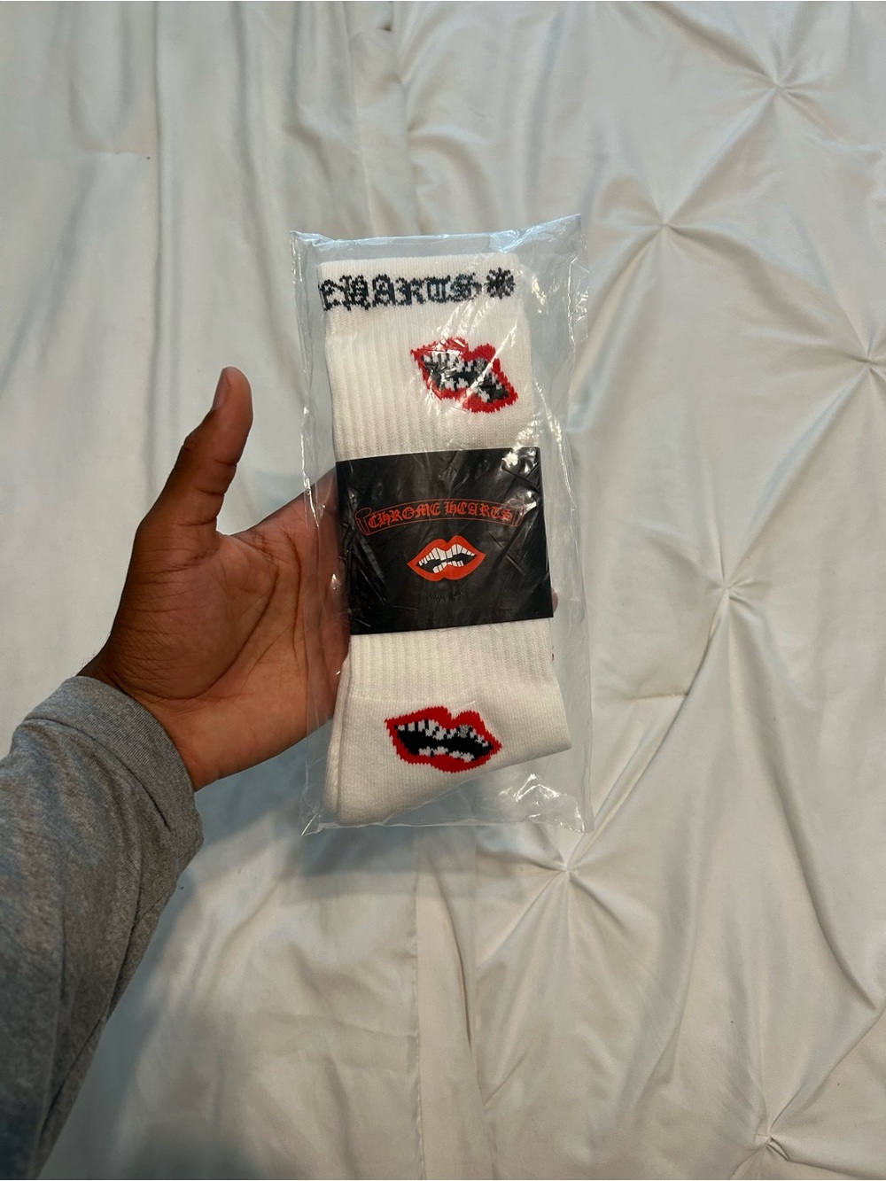 Chrome Hearts White Crew Socks with Red Lip Graphic